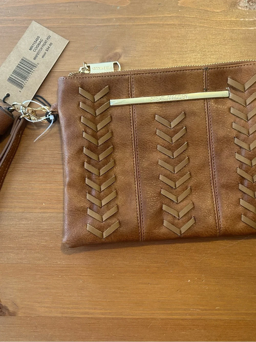NWT Steve Madden Tan Wristlet Clutch whip stitch Brown Western boho